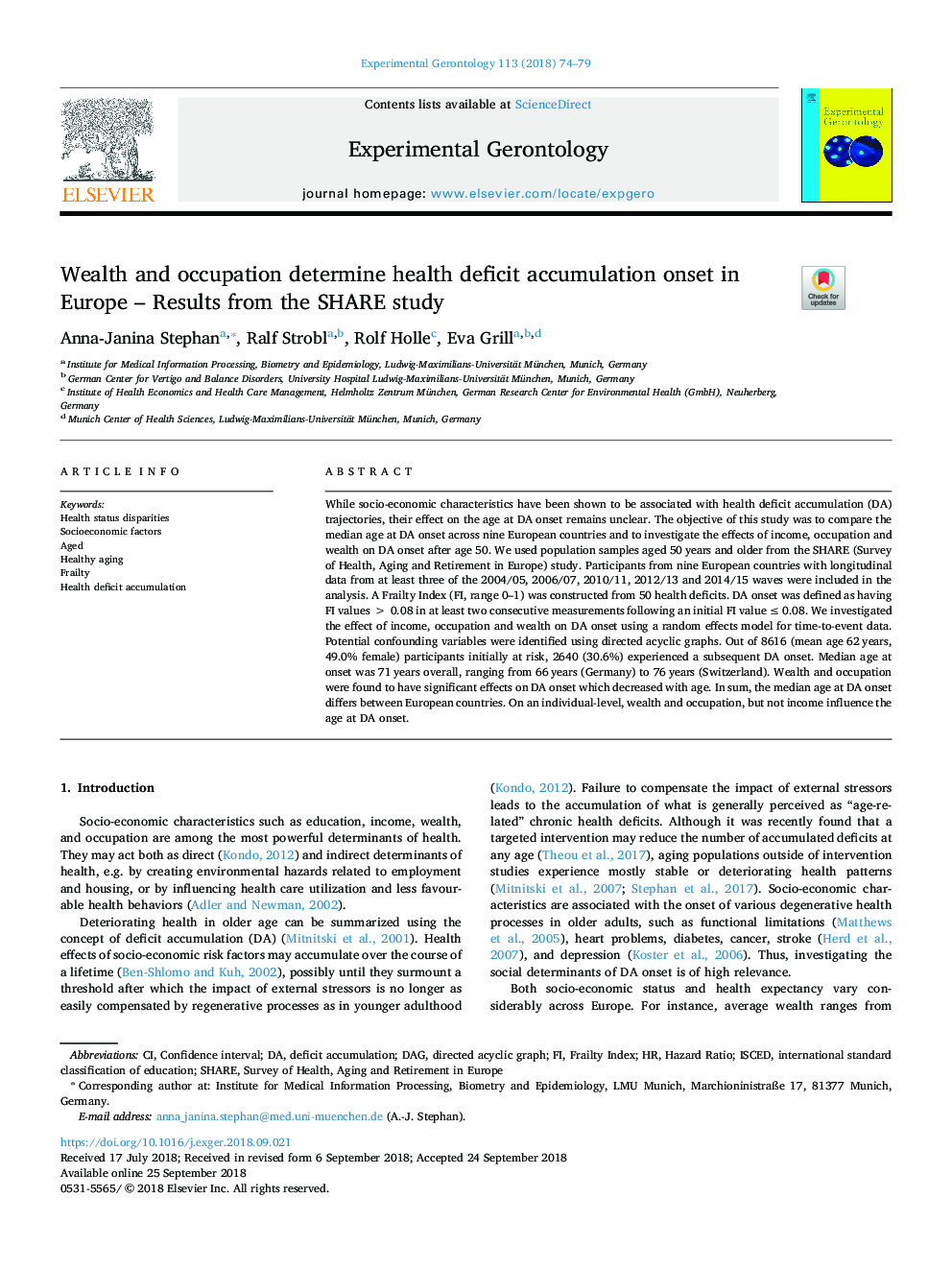 Wealth and occupation determine health deficit accumulation onset in Europe - Results from the SHARE study