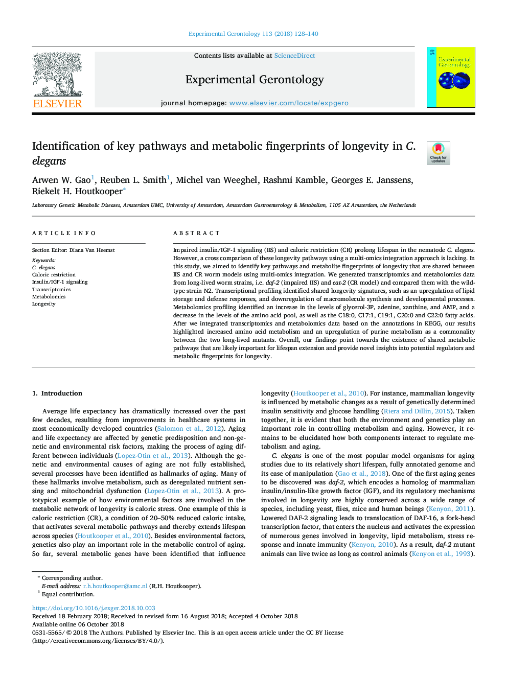 Identification of key pathways and metabolic fingerprints of longevity in C. elegans