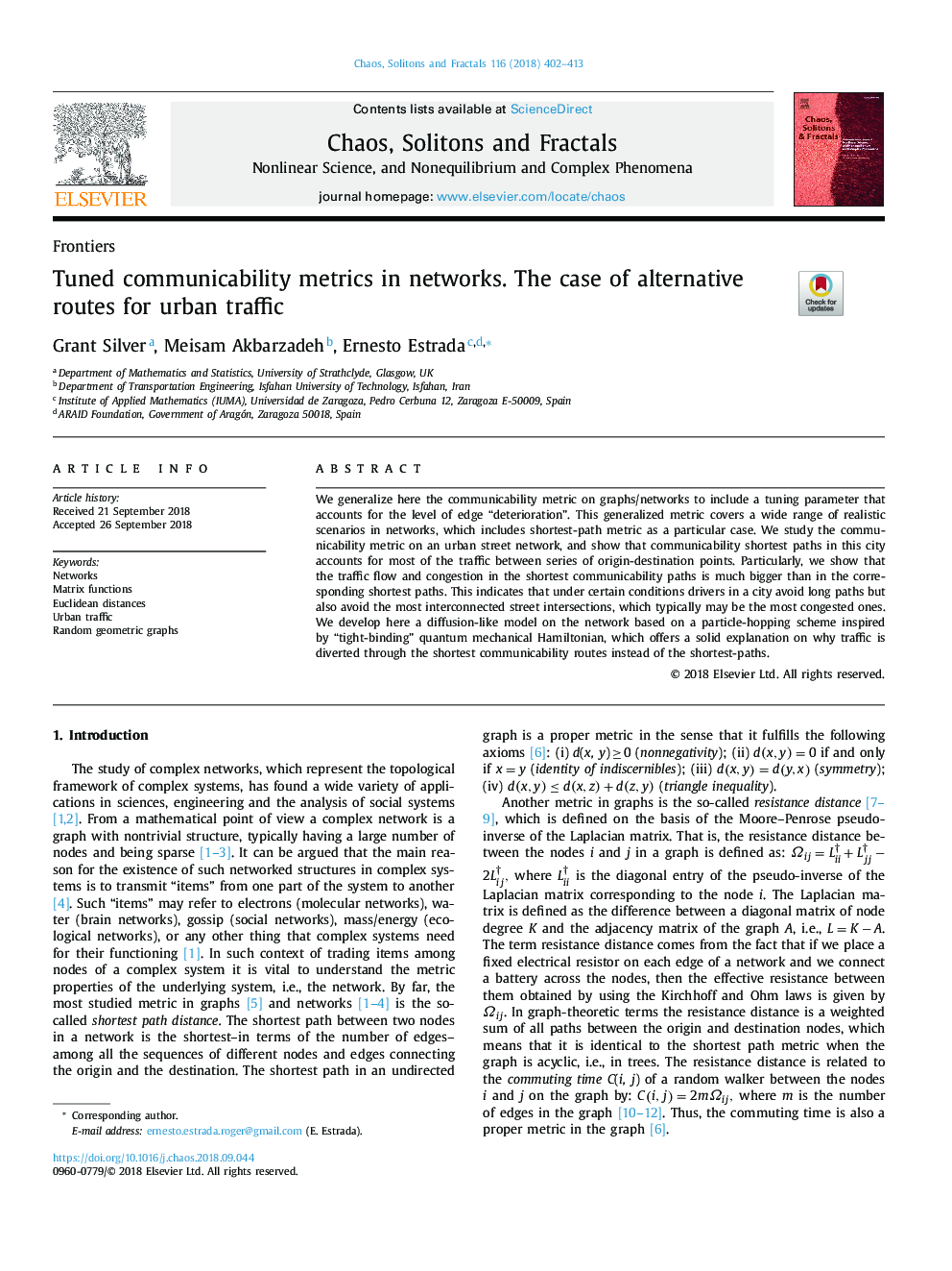 Tuned communicability metrics in networks. The case of alternative routes for urban traffic