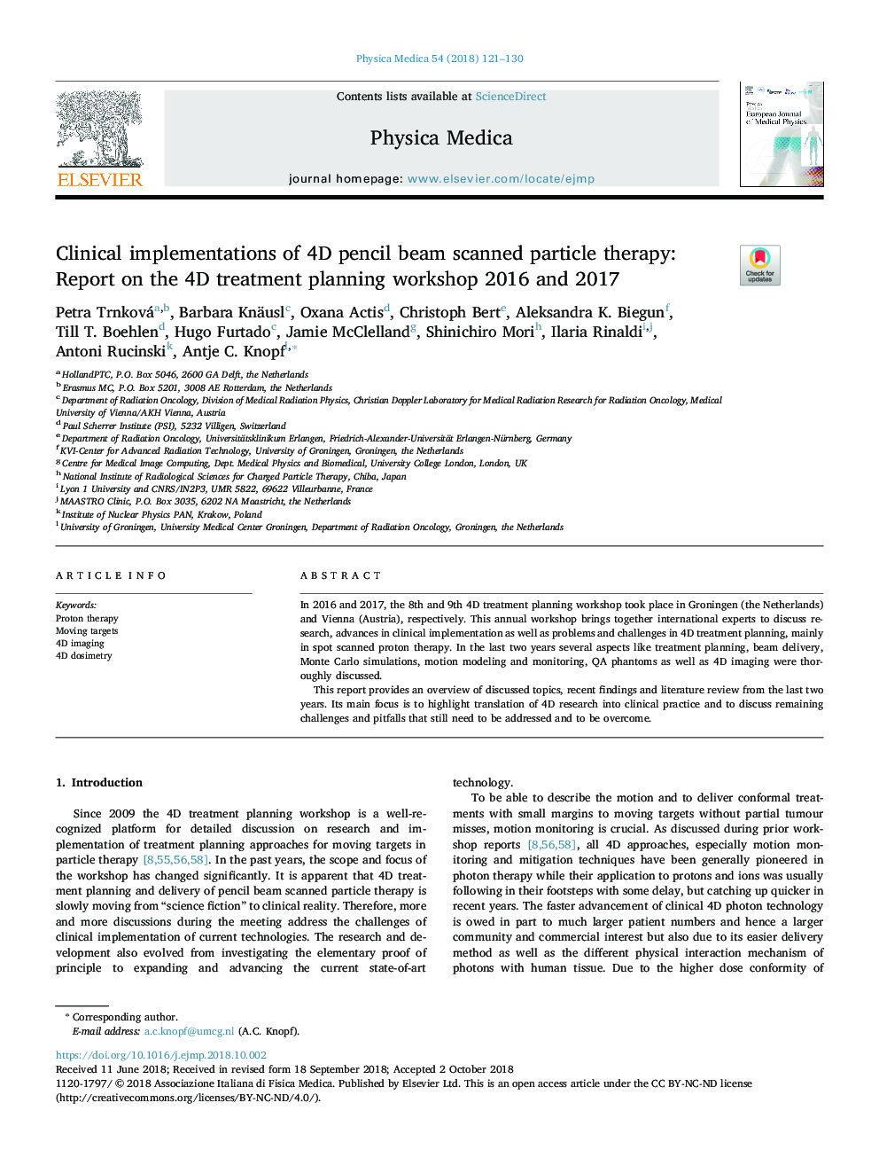 Clinical implementations of 4D pencil beam scanned particle therapy: Report on the 4D treatment planning workshop 2016 and 2017