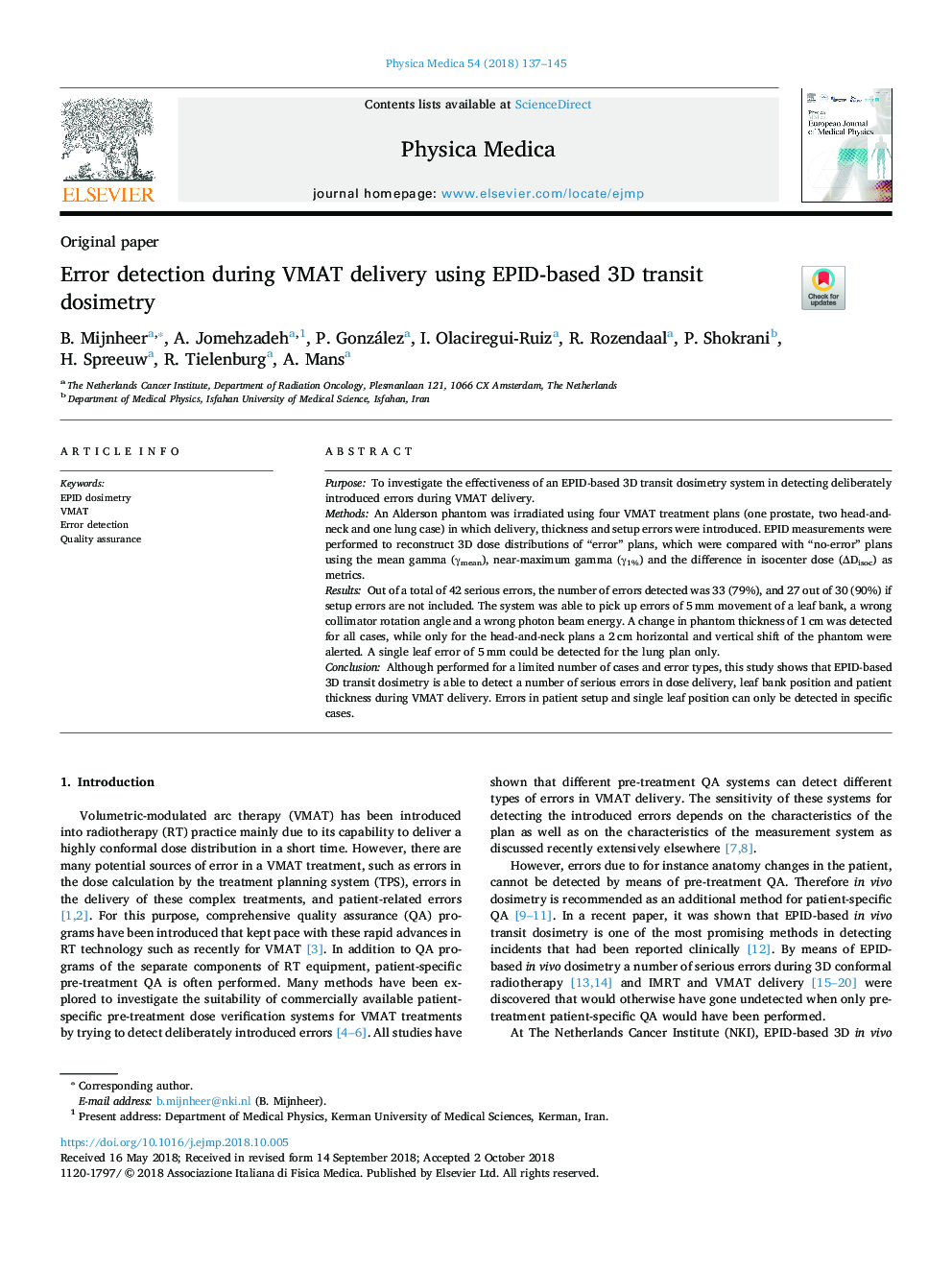 Error detection during VMAT delivery using EPID-based 3D transit dosimetry