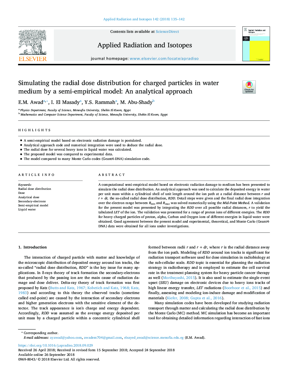 Simulating the radial dose distribution for charged particles in water medium by a semi-empirical model: An analytical approach