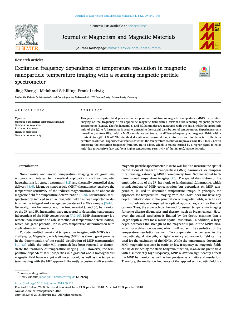 Excitation frequency dependence of temperature resolution in magnetic nanoparticle temperature imaging with a scanning magnetic particle spectrometer