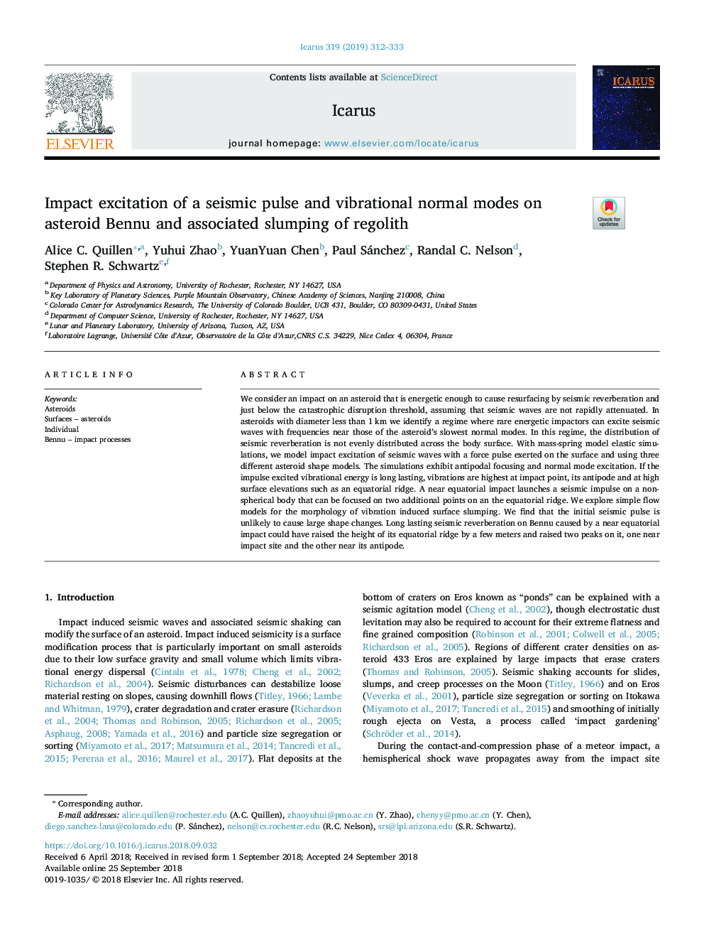 Impact excitation of a seismic pulse and vibrational normal modes on asteroid Bennu and associated slumping of regolith