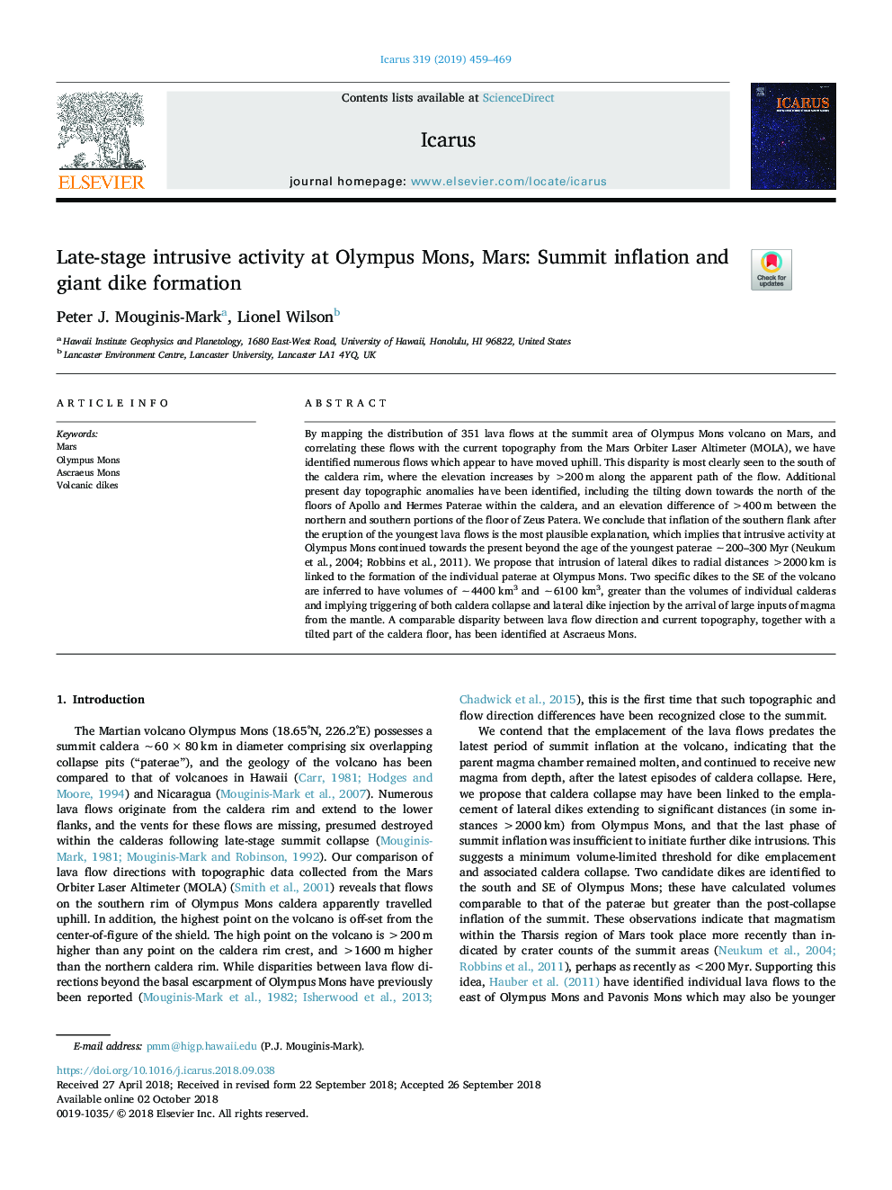 Late-stage intrusive activity at Olympus Mons, Mars: Summit inflation and giant dike formation