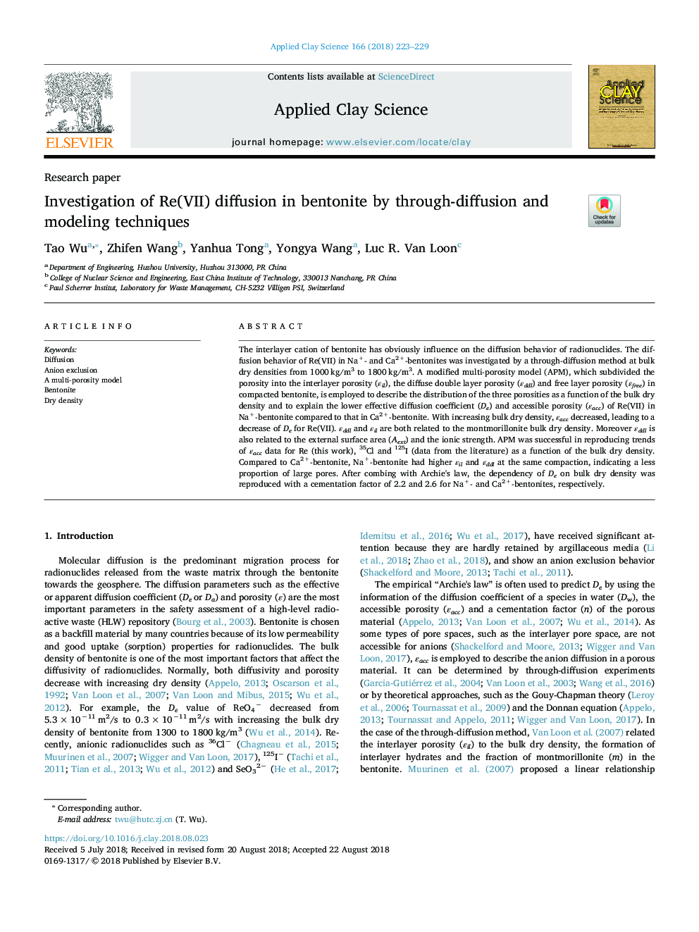Investigation of Re(VII) diffusion in bentonite by through-diffusion and modeling techniques
