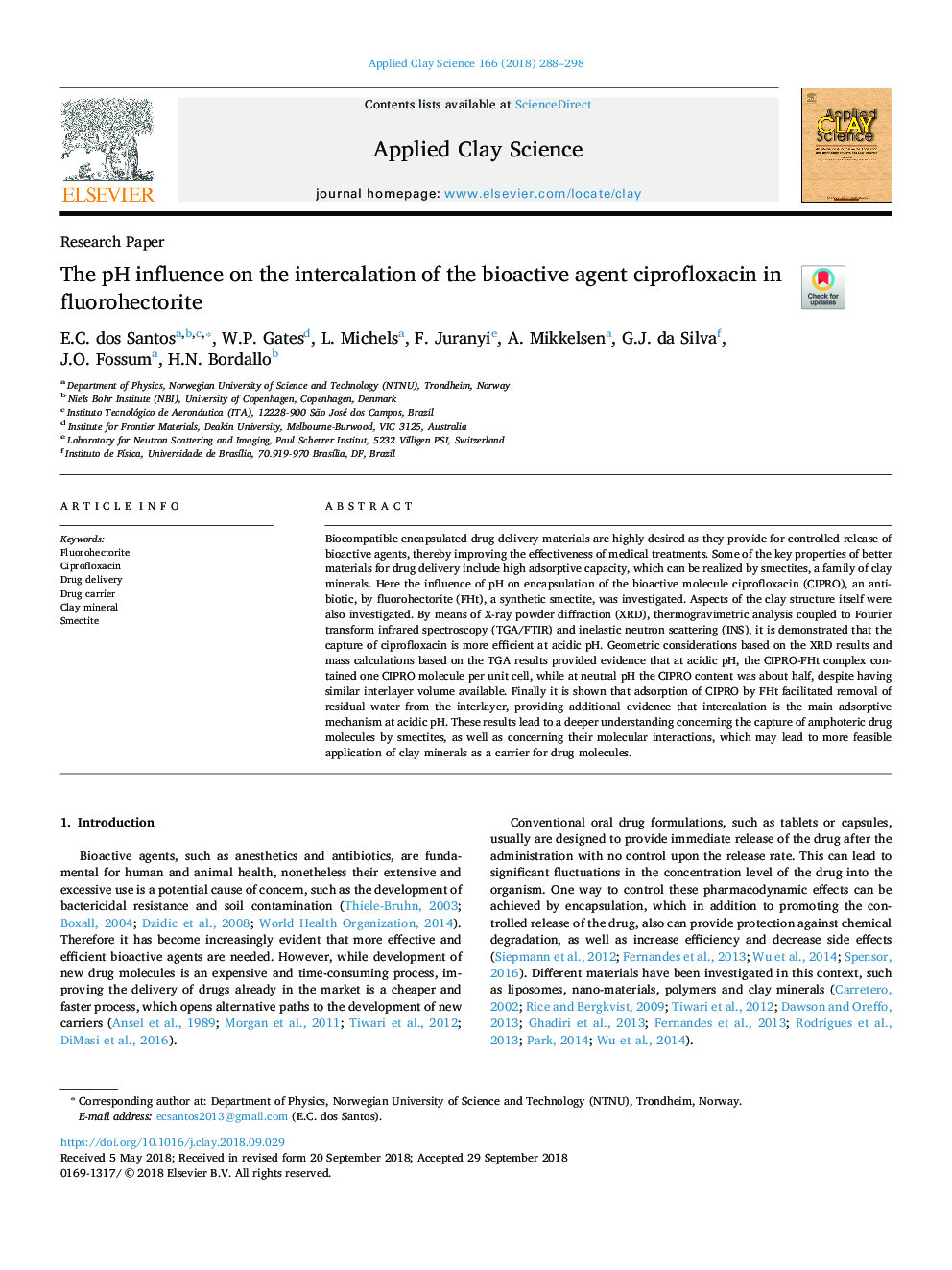 The pH influence on the intercalation of the bioactive agent ciprofloxacin in fluorohectorite