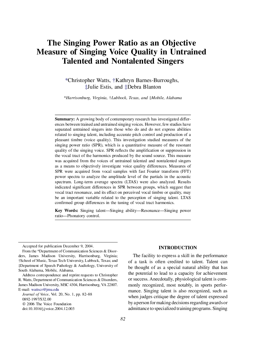 The Singing Power Ratio as an Objective Measure of Singing Voice Quality in Untrained Talented and Nontalented Singers