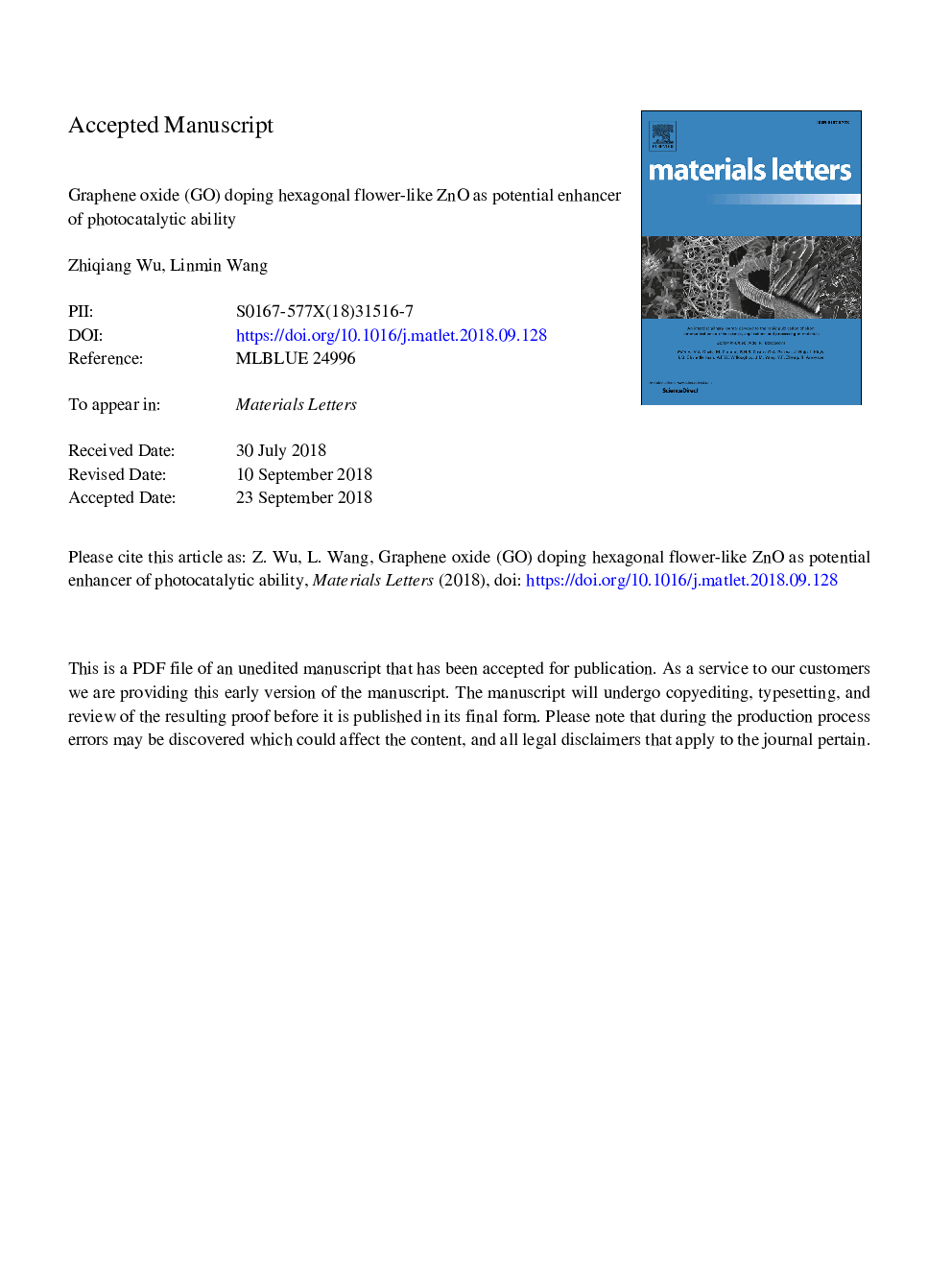 Graphene oxide (GO) doping hexagonal flower-like ZnO as potential enhancer of photocatalytic ability