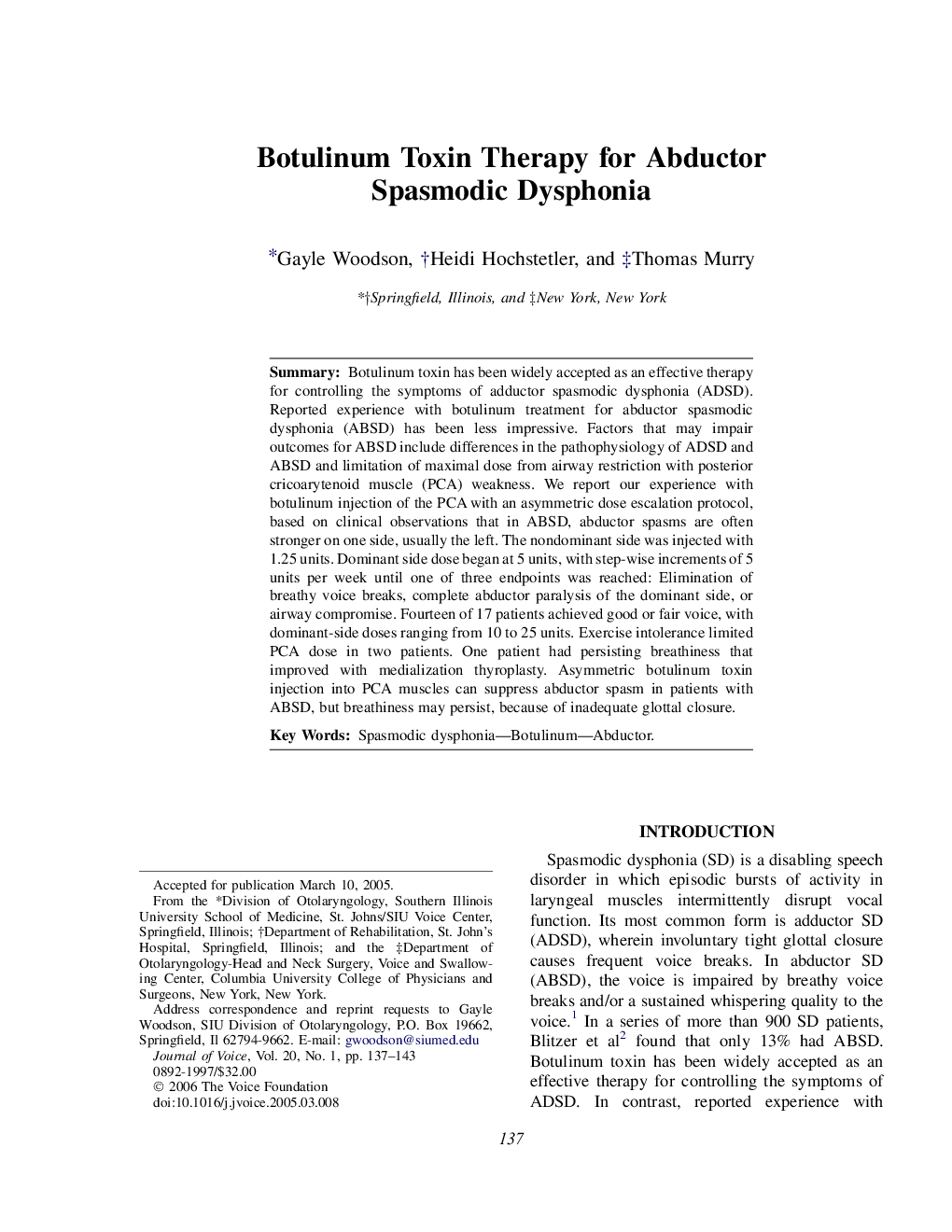 Botulinum Toxin Therapy for Abductor Spasmodic Dysphonia