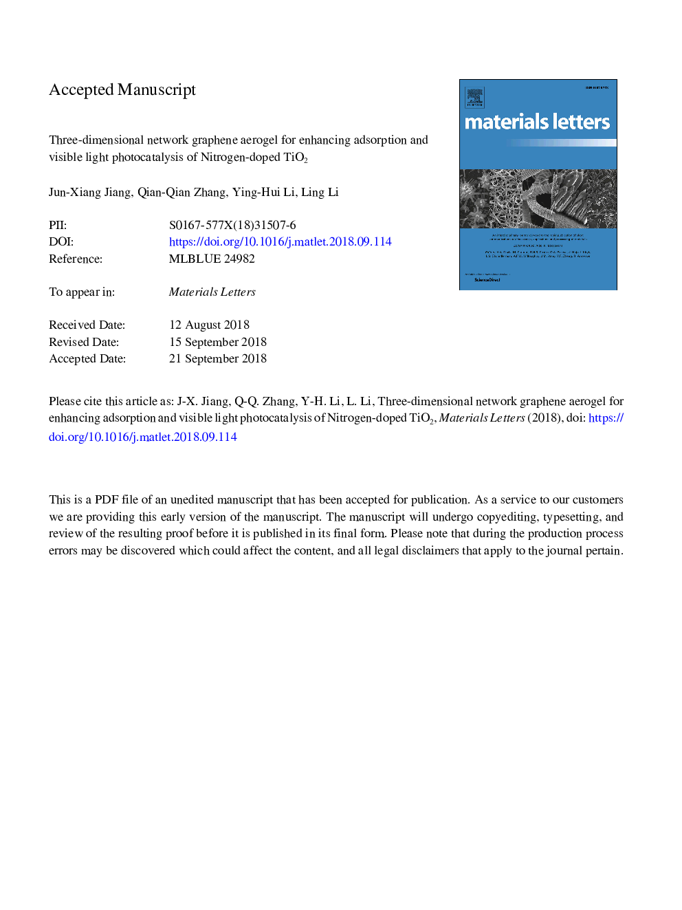 Three-dimensional network graphene aerogel for enhancing adsorption and visible light photocatalysis of nitrogen-doped TiO2