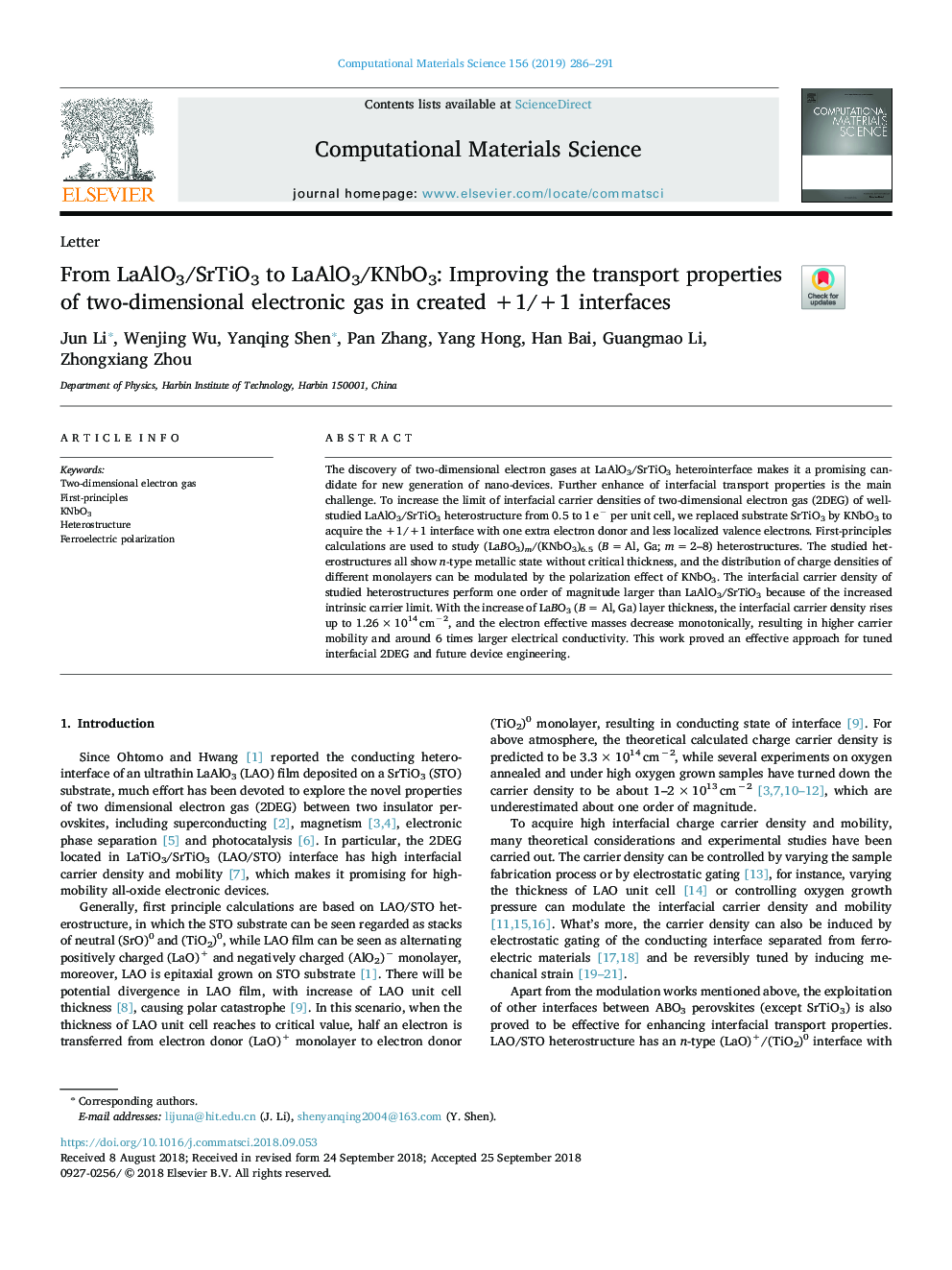 From LaAlO3/SrTiO3 to LaAlO3/KNbO3: Improving the transport properties of two-dimensional electronic gas in created +1/+1 interfaces