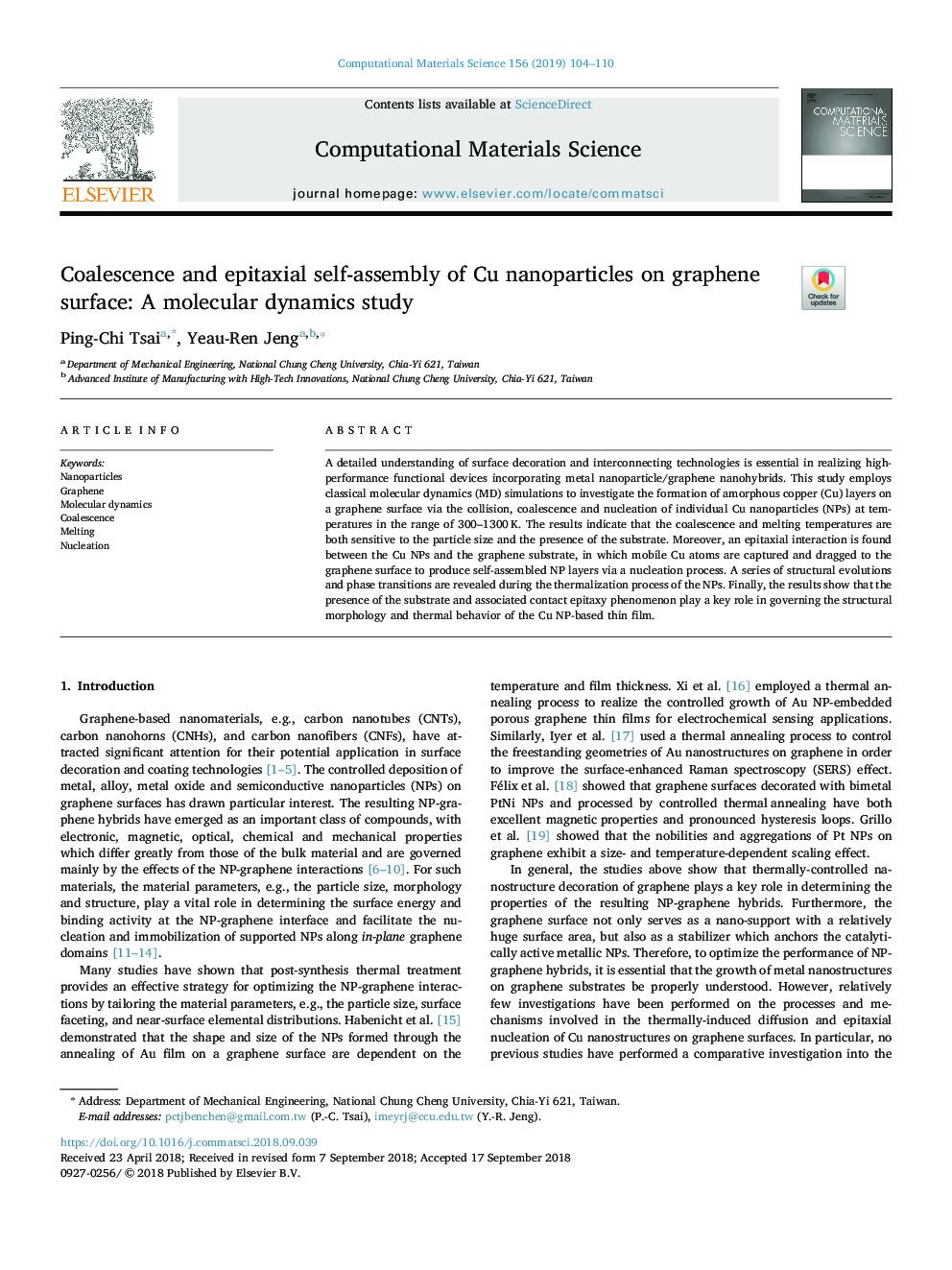 Coalescence and epitaxial self-assembly of Cu nanoparticles on graphene surface: A molecular dynamics study