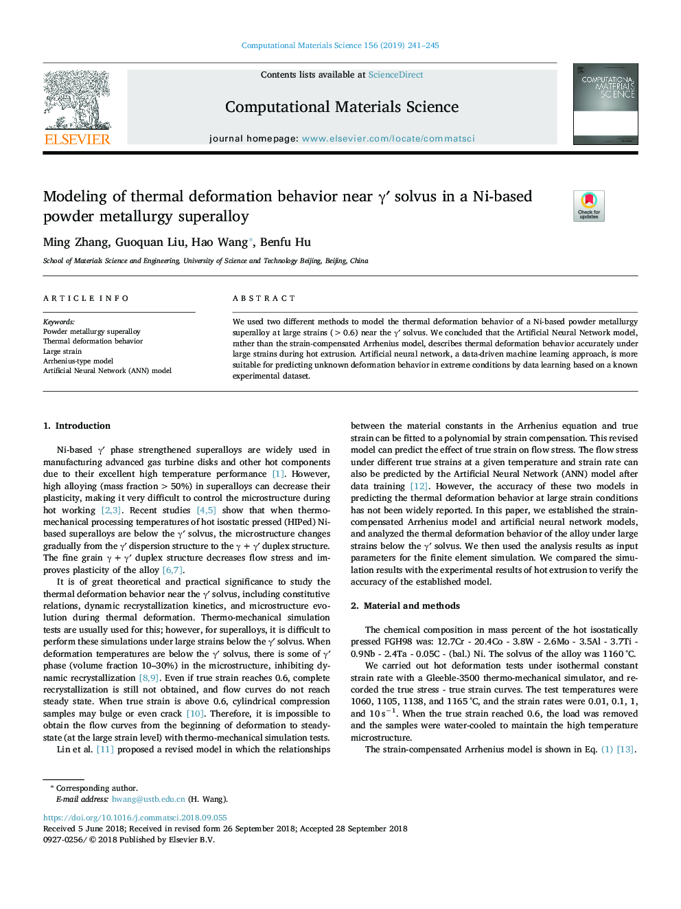 Modeling of thermal deformation behavior near Î³â² solvus in a Ni-based powder metallurgy superalloy