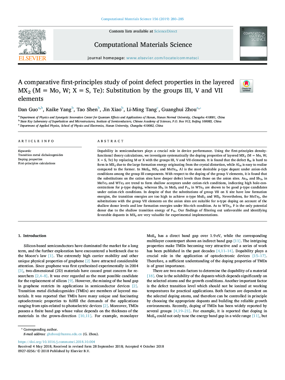 A comparative first-principles study of point defect properties in the layered MX2 (Mâ¯=â¯Mo, W; Xâ¯=â¯S, Te): Substitution by the groups III, V and VII elements