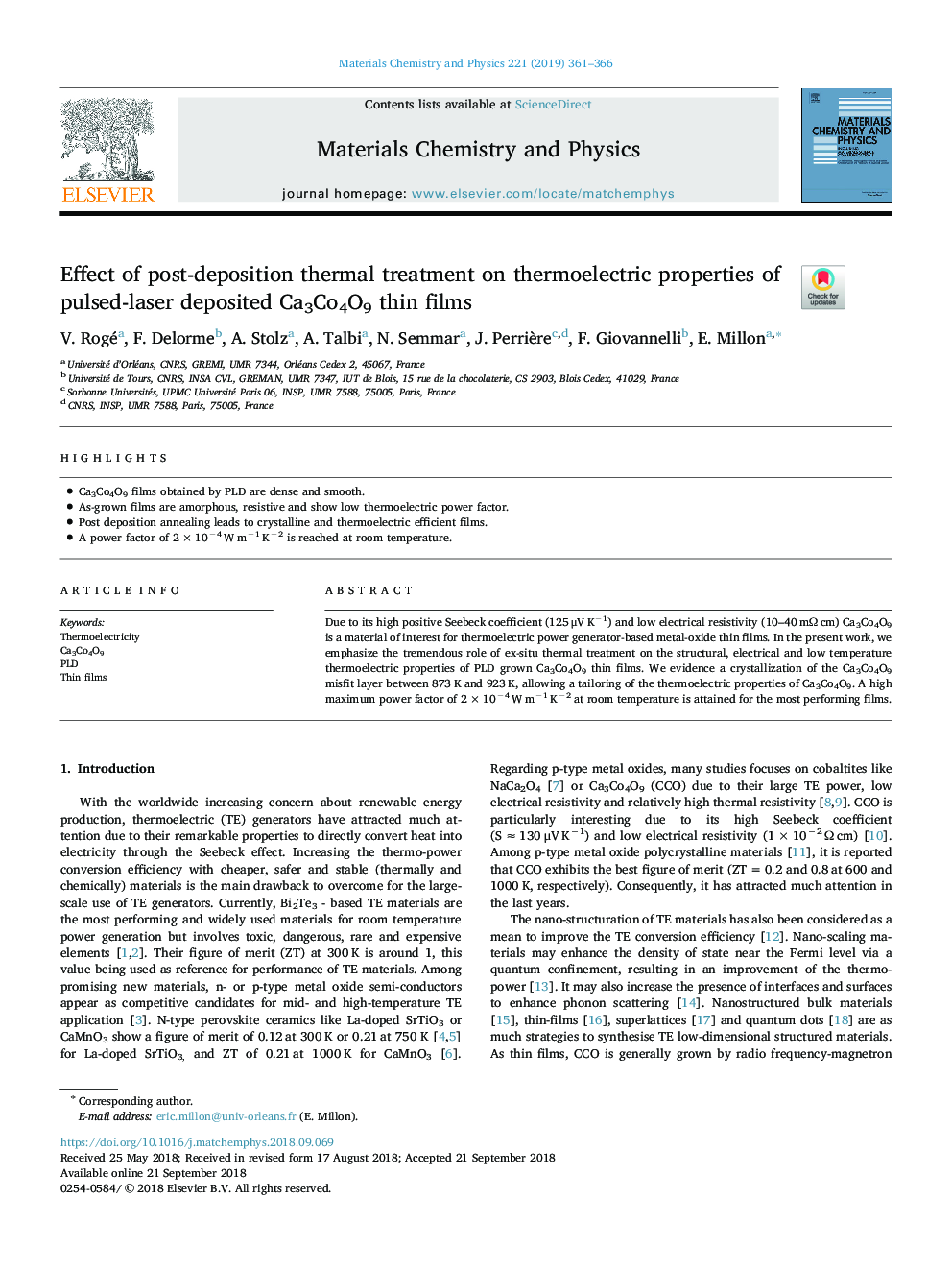 Effect of post-deposition thermal treatment on thermoelectric properties of pulsed-laser deposited Ca3Co4O9 thin films