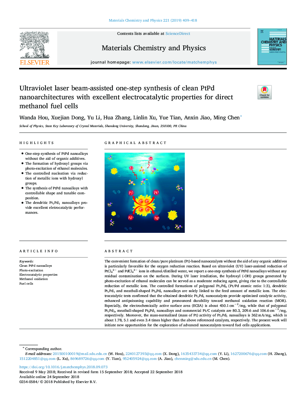 Ultraviolet laser beam-assisted one-step synthesis of clean PtPd nanoarchitectures with excellent electrocatalytic properties for direct methanol fuel cells