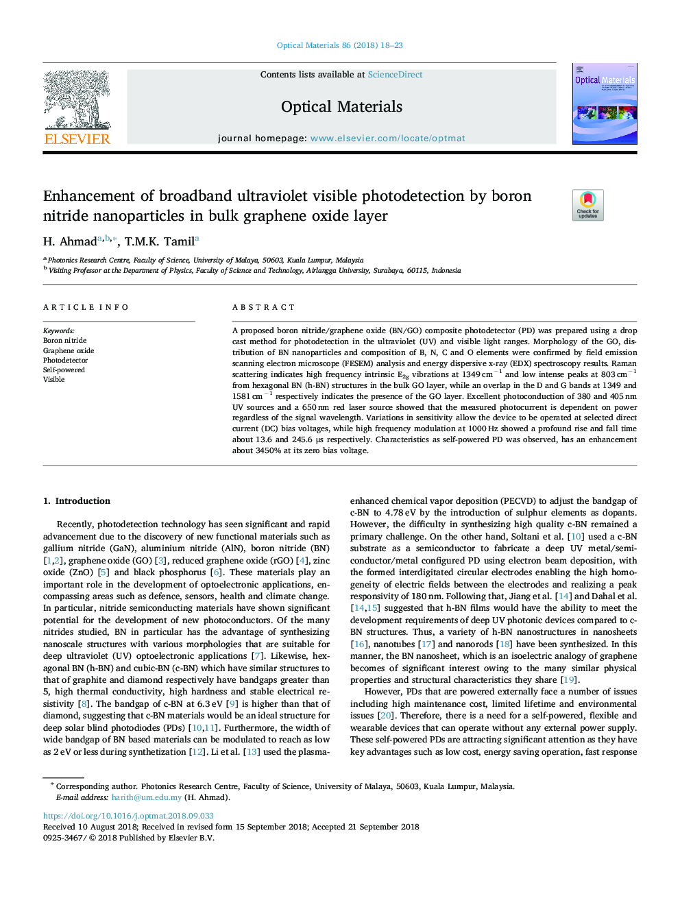 Enhancement of broadband ultraviolet visible photodetection by boron nitride nanoparticles in bulk graphene oxide layer