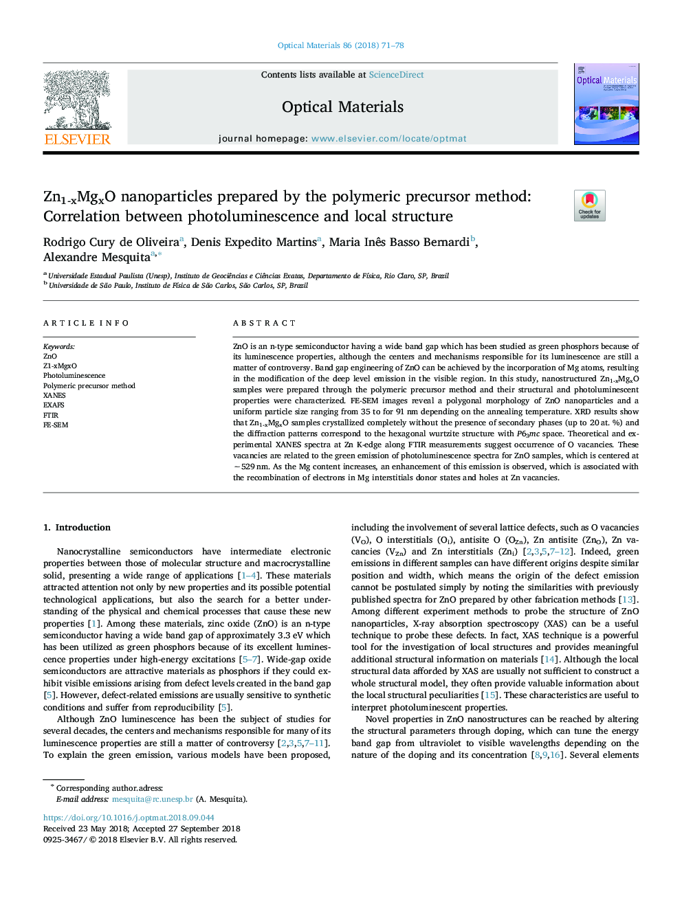 Zn1-xMgxO nanoparticles prepared by the polymeric precursor method: Correlation between photoluminescence and local structure