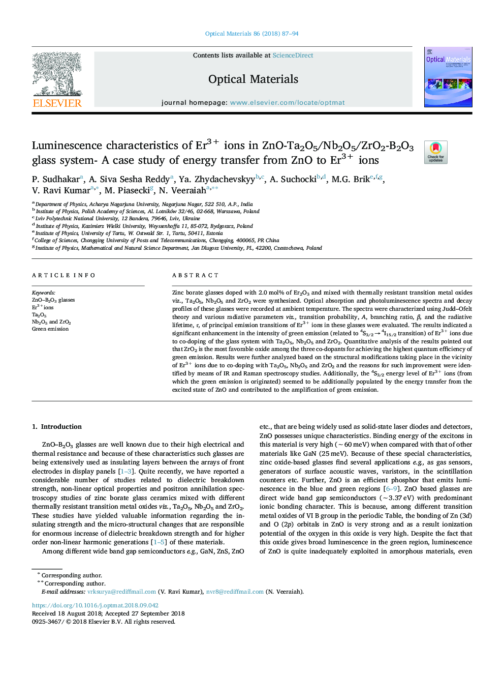 Luminescence characteristics of Er3+ ions in ZnO-Ta2O5/Nb2O5/ZrO2-B2O3 glass system- A case study of energy transfer from ZnO to Er3+ ions