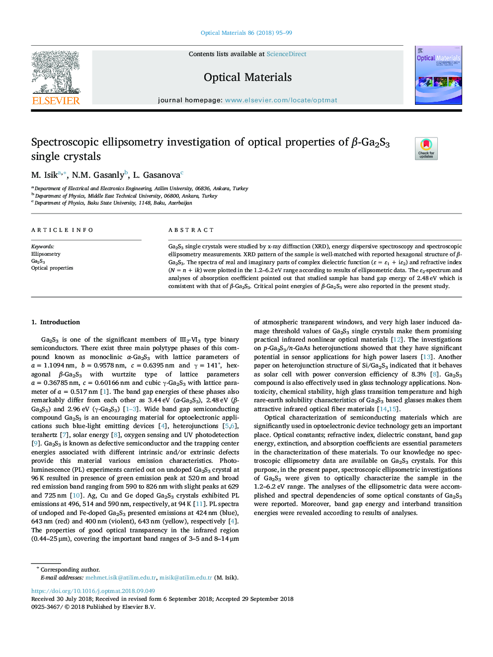 Spectroscopic ellipsometry investigation of optical properties of Î²-Ga2S3 single crystals