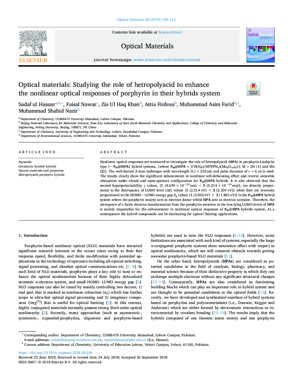 Optical materials: Studying the role of hetropolyacid to enhance the nonlinear optical responses of porphyrin in their hybrids system