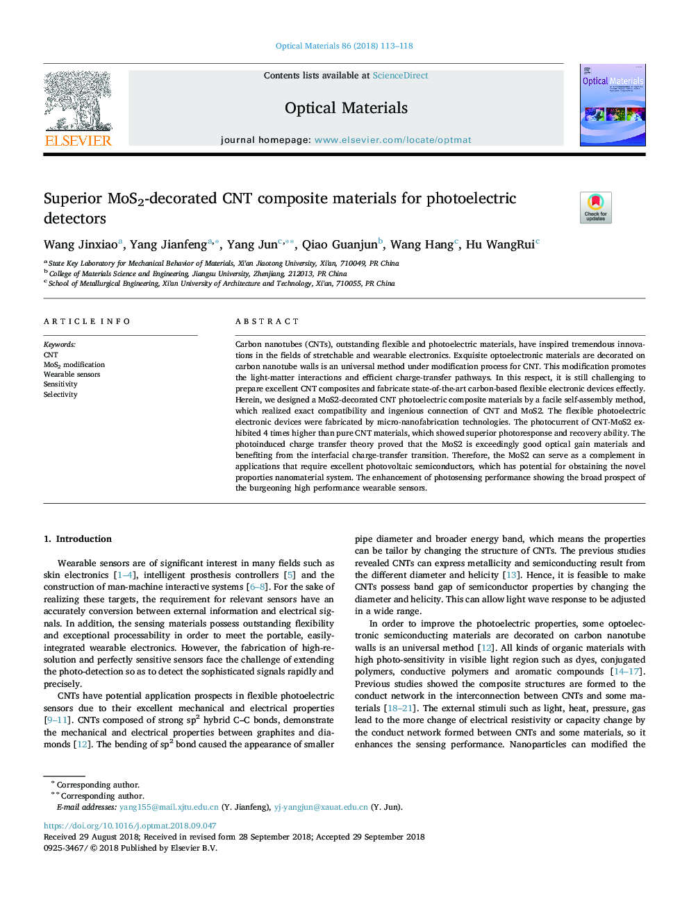 Superior MoS2-decorated CNT composite materials for photoelectric detectors