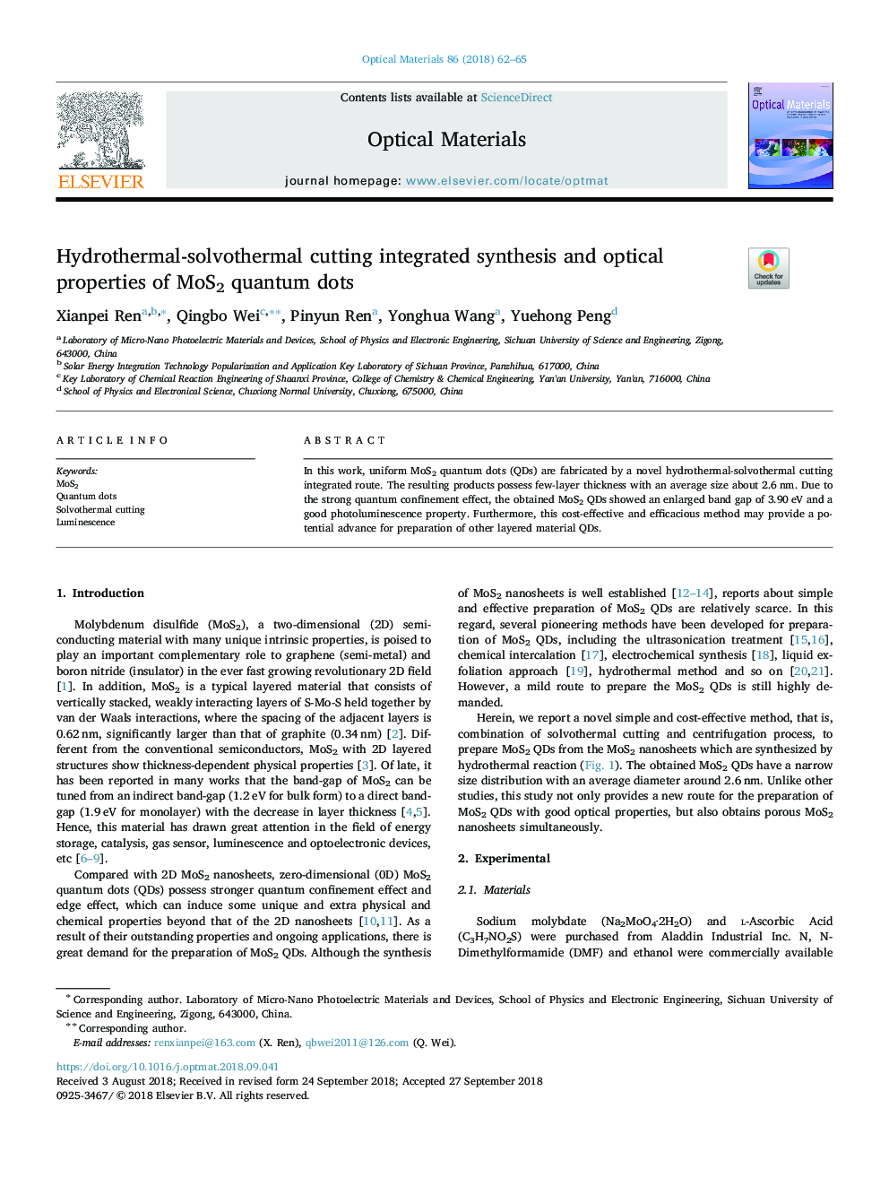 Hydrothermal-solvothermal cutting integrated synthesis and optical properties of MoS2 quantum dots