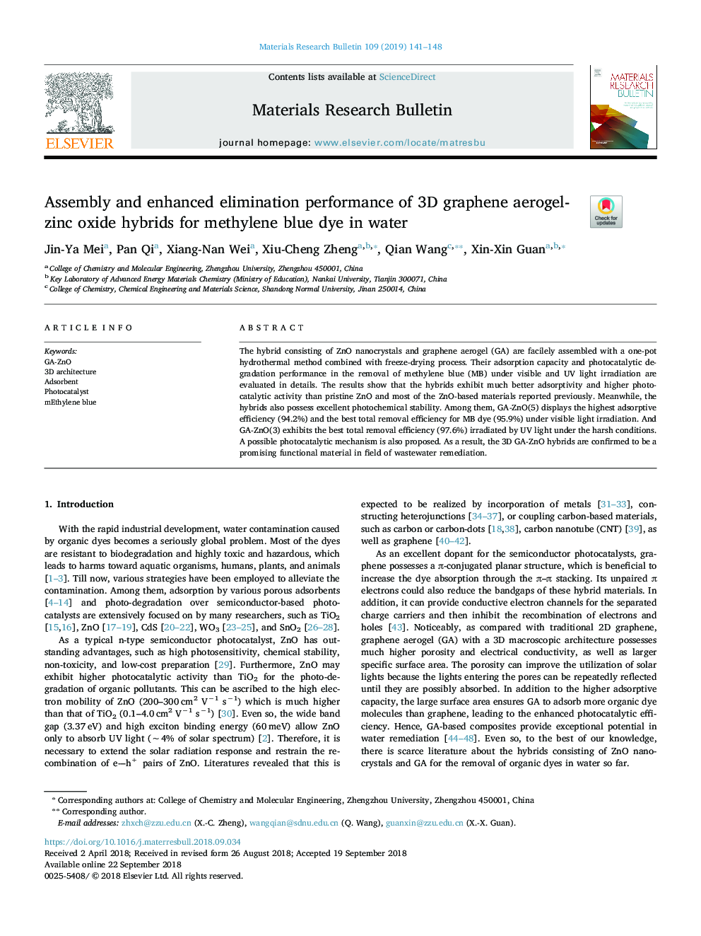 Assembly and enhanced elimination performance of 3D graphene aerogel-zinc oxide hybrids for methylene blue dye in water