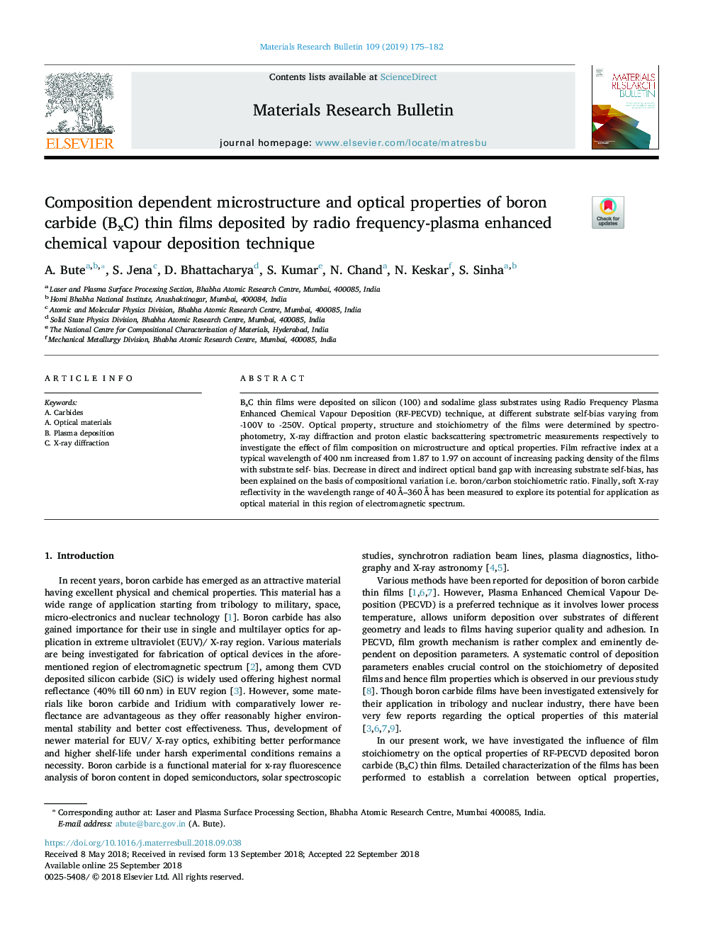 Composition dependent microstructure and optical properties of boron carbide (BxC) thin films deposited by radio frequency-plasma enhanced chemical vapour deposition technique