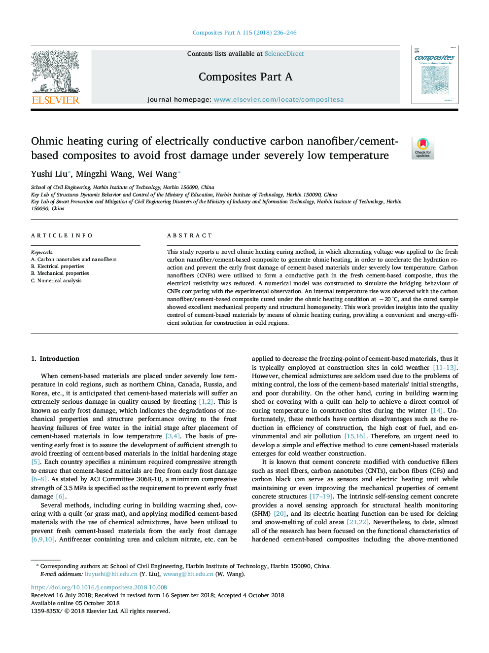 Ohmic heating curing of electrically conductive carbon nanofiber/cement-based composites to avoid frost damage under severely low temperature