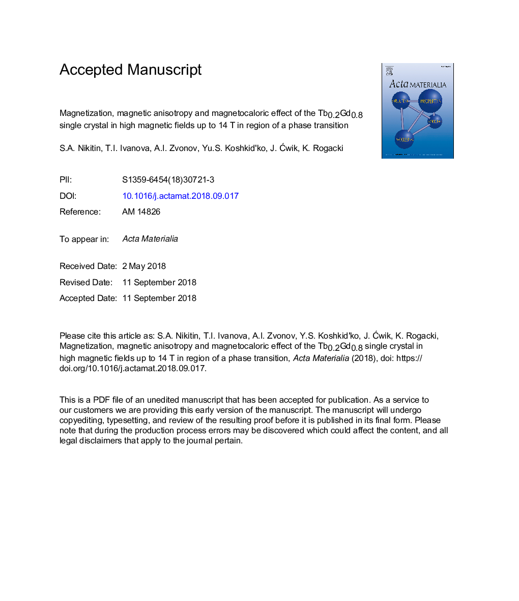 Magnetization, magnetic anisotropy and magnetocaloric effect of the Tb0.2Gd0.8 single crystal in high magnetic fields up to 14â¯T in region of a phase transition