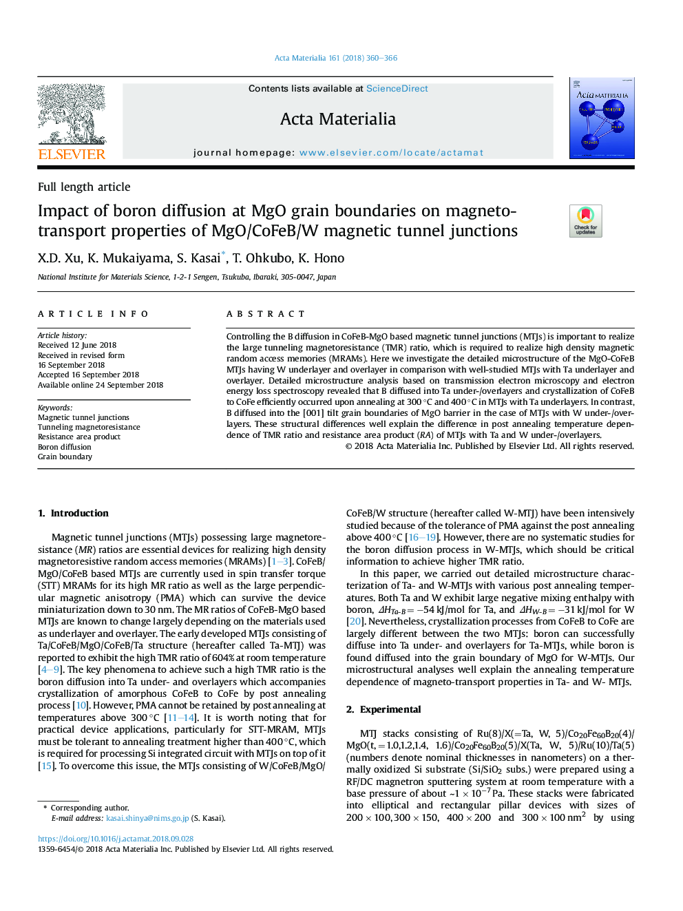 Impact of boron diffusion at MgO grain boundaries on magneto-transport properties of MgO/CoFeB/W magnetic tunnel junctions