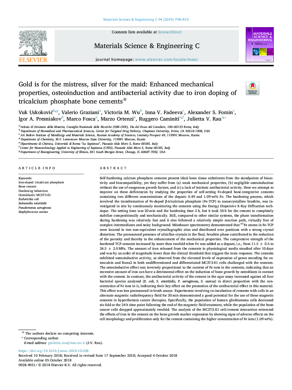 Gold is for the mistress, silver for the maid: Enhanced mechanical properties, osteoinduction and antibacterial activity due to iron doping of tricalcium phosphate bone cements