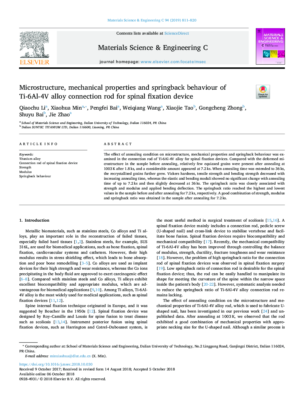 Microstructure, mechanical properties and springback behaviour of Tiâ6Alâ4V alloy connection rod for spinal fixation device