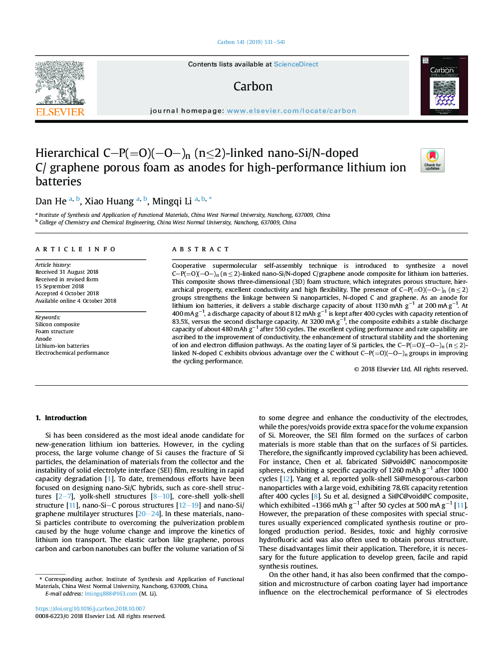 Hierarchical CP(=O)(O)n (nâ¤2)-linked nano-Si/N-doped C/Â graphene porous foam as anodes for high-performance lithium ion batteries