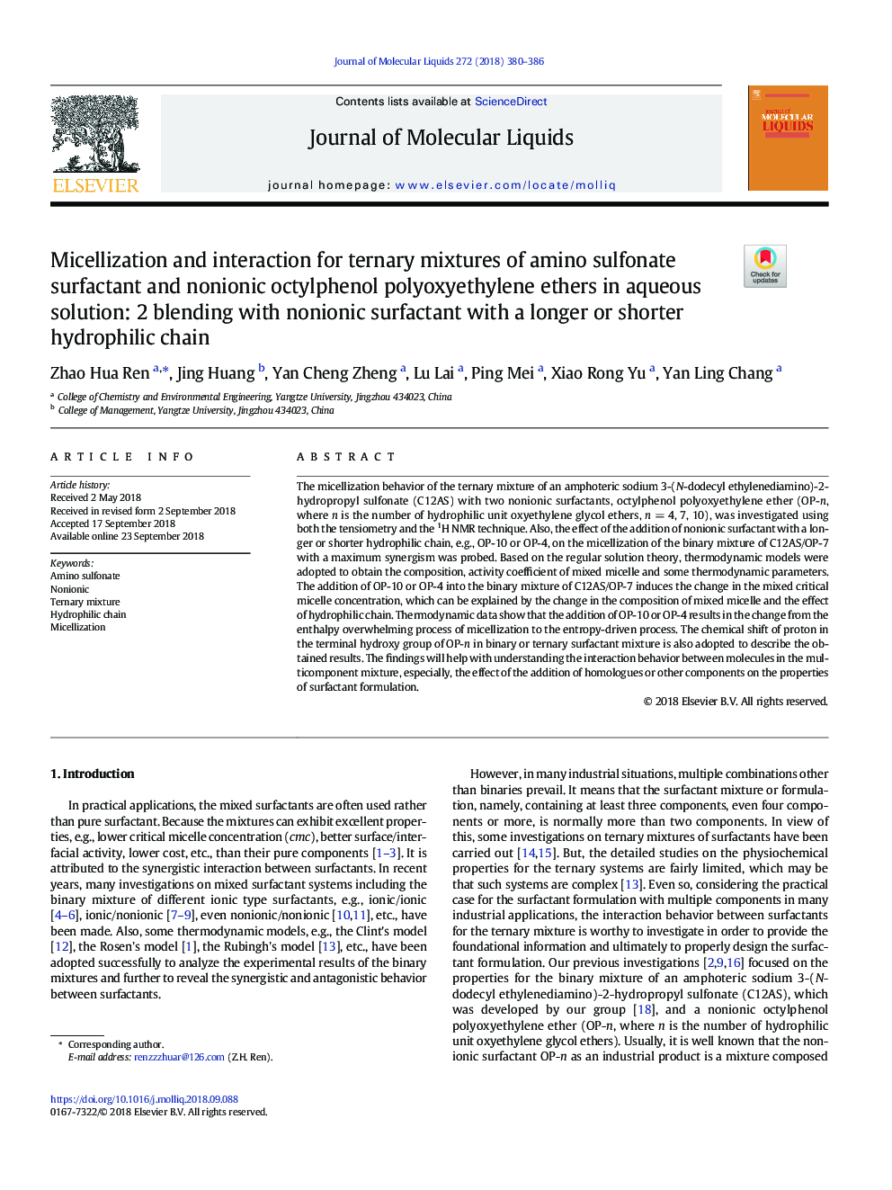 Micellization and interaction for ternary mixtures of amino sulfonate surfactant and nonionic octylphenol polyoxyethylene ethers in aqueous solution: 2 blending with nonionic surfactant with a longer or shorter hydrophilic chain