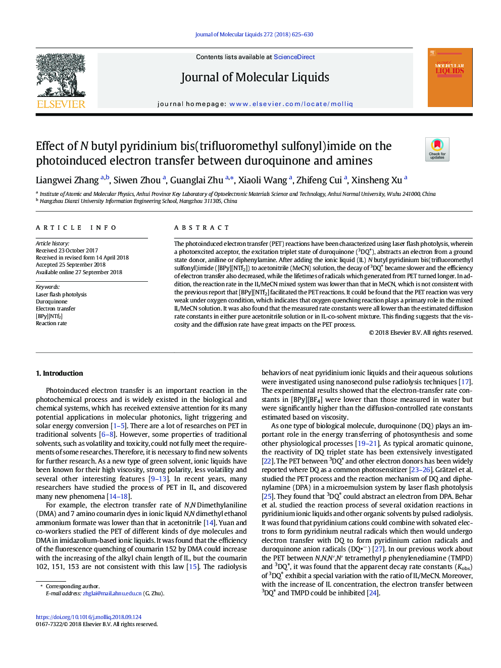 عکس صفحه اول مقاله: Effect of Nâbutylâpyridinium bis(trifluoromethyl sulfonyl)imide on the photoinduced electron transfer between duroquinone and amines Effect of Nâbutylâpyridinium bis(trifluoromethyl sulfonyl)imide on the photoinduced electron transfer between duroquinone and amines