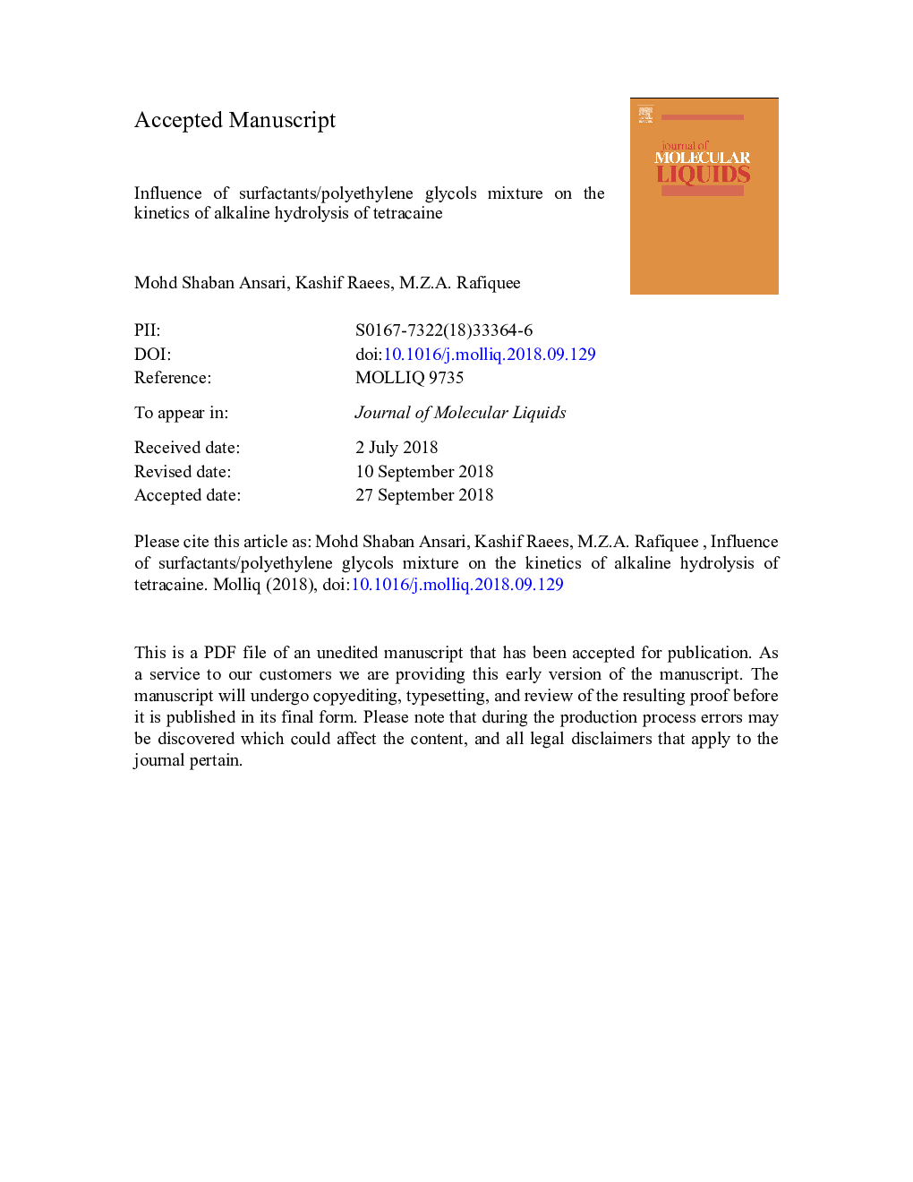 Influence of surfactants/polyethylene glycols mixture on the kinetics of alkaline hydrolysis of tetracaine