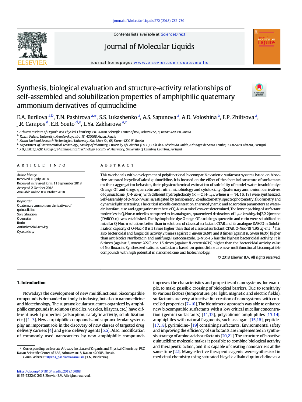 Synthesis, biological evaluation and structure-activity relationships of self-assembled and solubilization properties of amphiphilic quaternary ammonium derivatives of quinuclidine