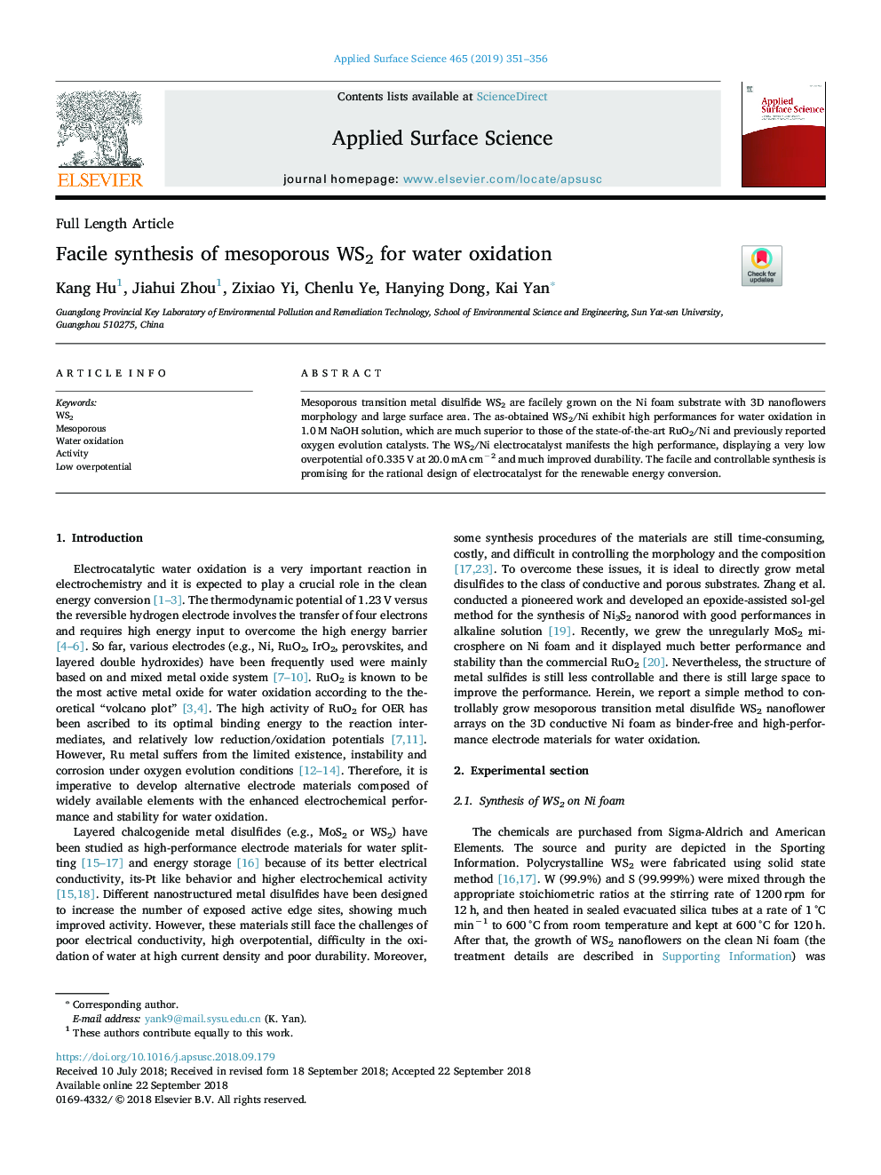 Facile synthesis of mesoporous WS2 for water oxidation