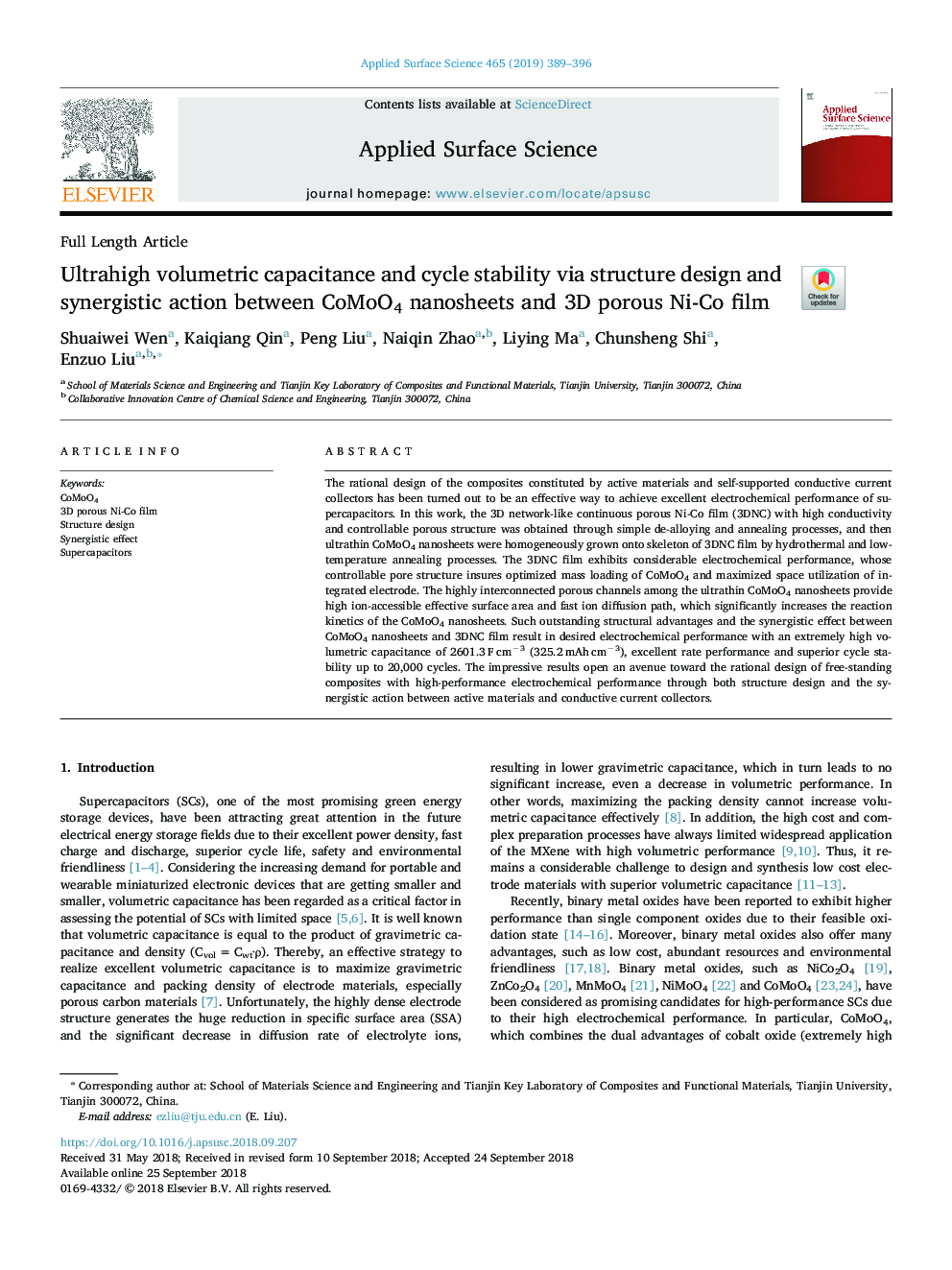 Ultrahigh volumetric capacitance and cycle stability via structure design and synergistic action between CoMoO4 nanosheets and 3D porous Ni-Co film