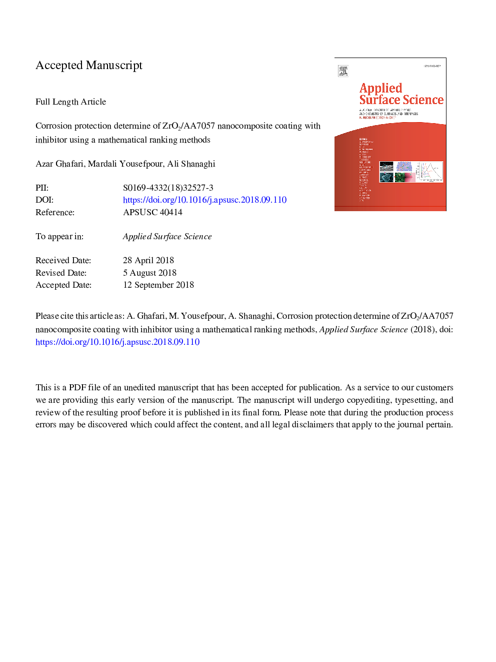 Corrosion protection determine of ZrO2/AA7057 nanocomposite coating with inhibitor using a mathematical ranking methods