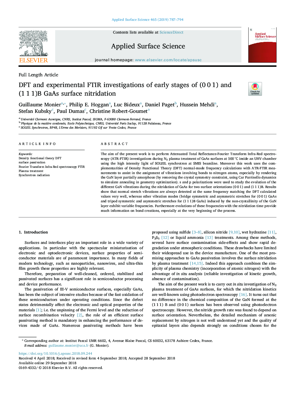 DFT and experimental FTIR investigations of early stages of (0â¯0â¯1) and (1â¯1â¯1)B GaAs surface nitridation