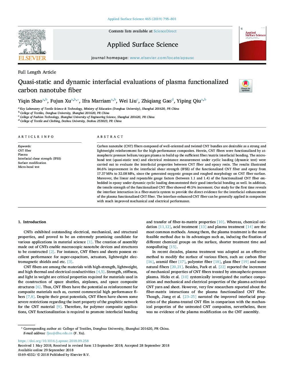 Quasi-static and dynamic interfacial evaluations of plasma functionalized carbon nanotube fiber