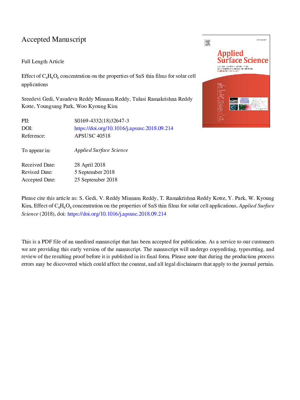 عکس صفحه اول مقاله: Effect of C4H6O6 concentration on the properties of SnS thin films for solar cell applications Effect of C4H6O6 concentration on the properties of SnS thin films for solar cell applications