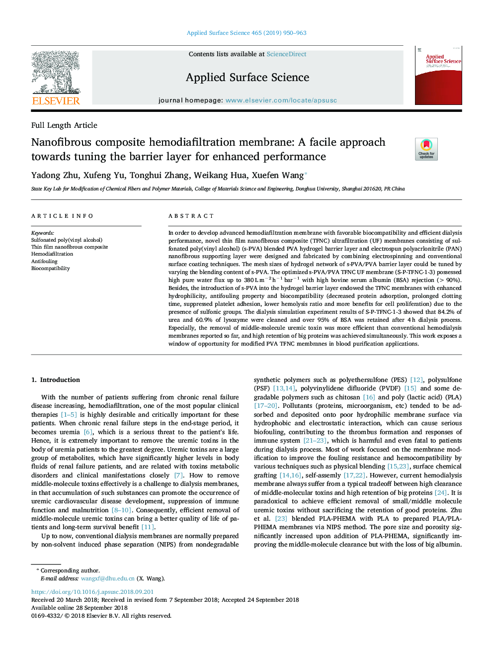 عکس صفحه اول مقاله: Nanofibrous composite hemodiafiltration membrane: A facile approach towards tuning the barrier layer for enhanced performance Nanofibrous composite hemodiafiltration membrane: A facile approach towards tuning the barrier layer for enhanced performance