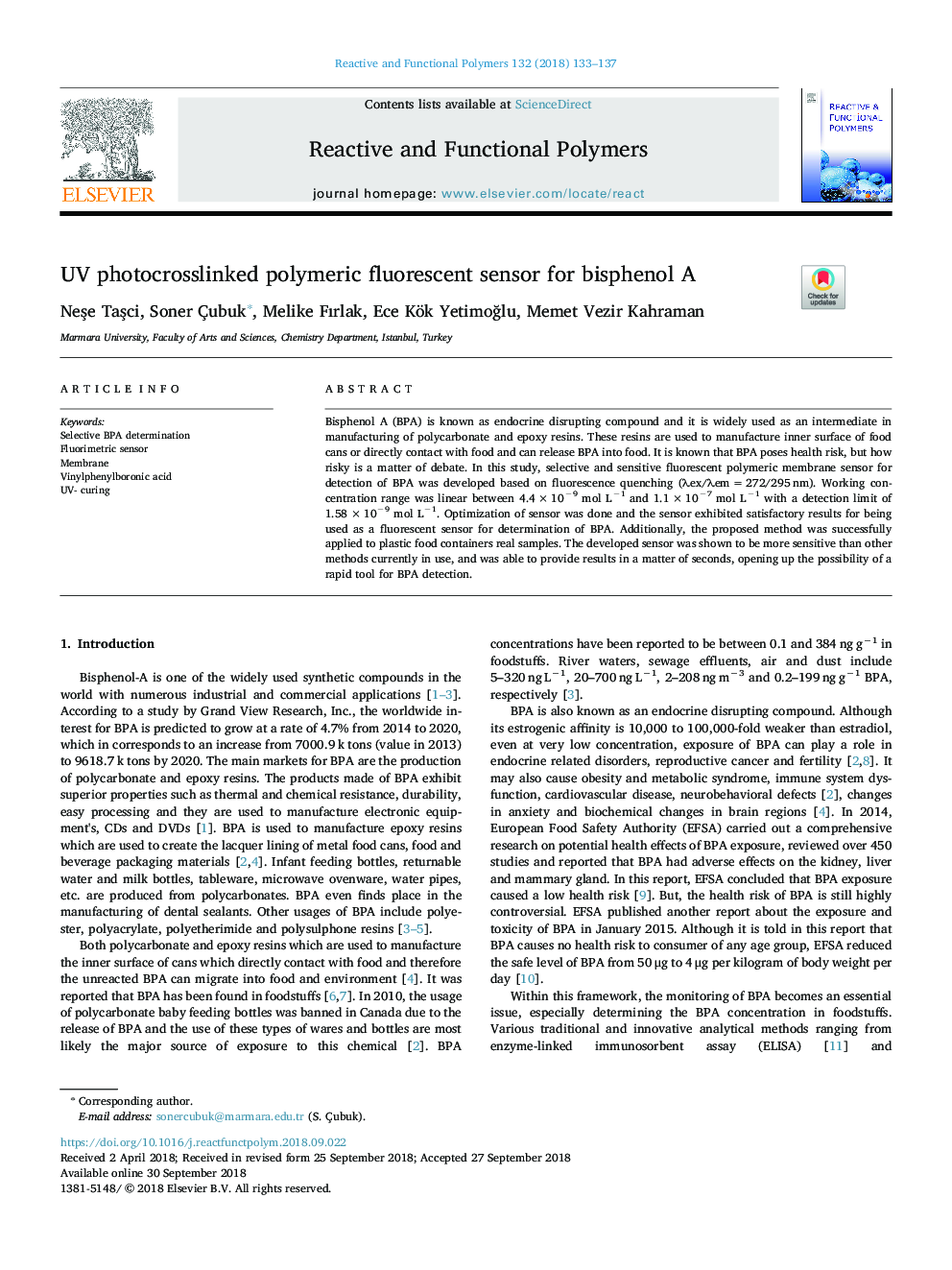 UV photocrosslinked polymeric fluorescent sensor for bisphenol A