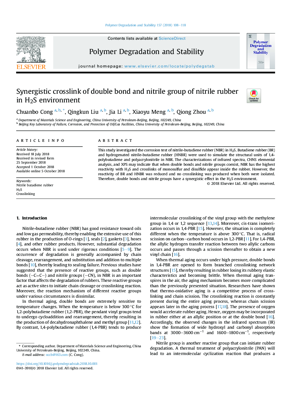 Synergistic crosslink of double bond and nitrile group of nitrile rubber in H2S environment