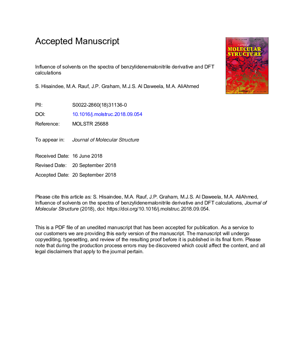 Influence of solvents on the spectra of benzylidene malonitrile derivative and DFT calculations